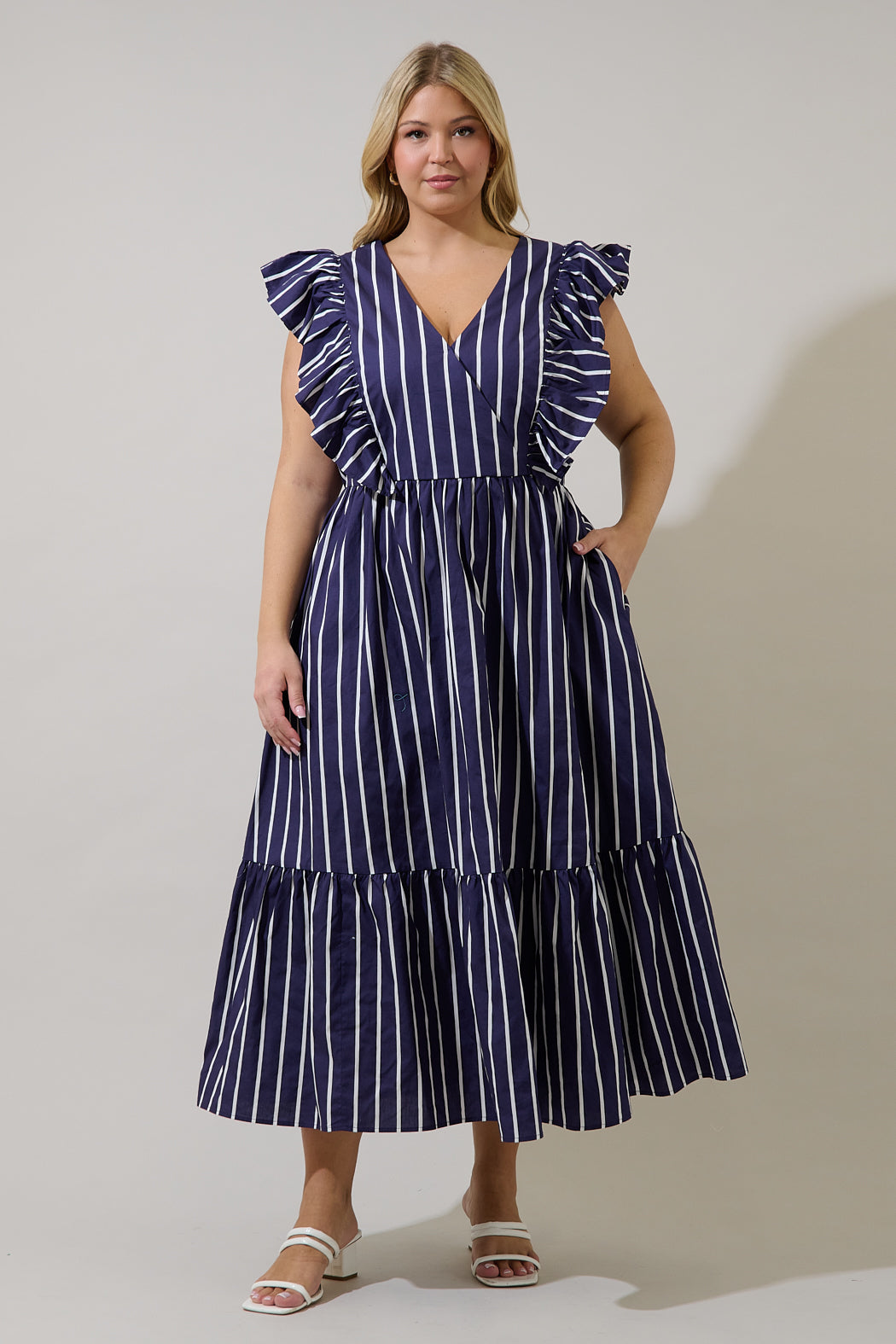 Fairness Poplin Surplice Midi Dress Verta Stripe Curve