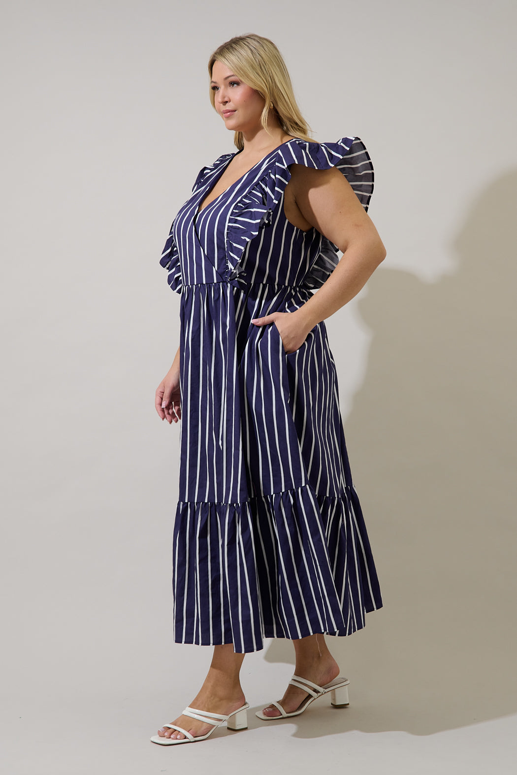Fairness Poplin Surplice Midi Dress Verta Stripe Curve