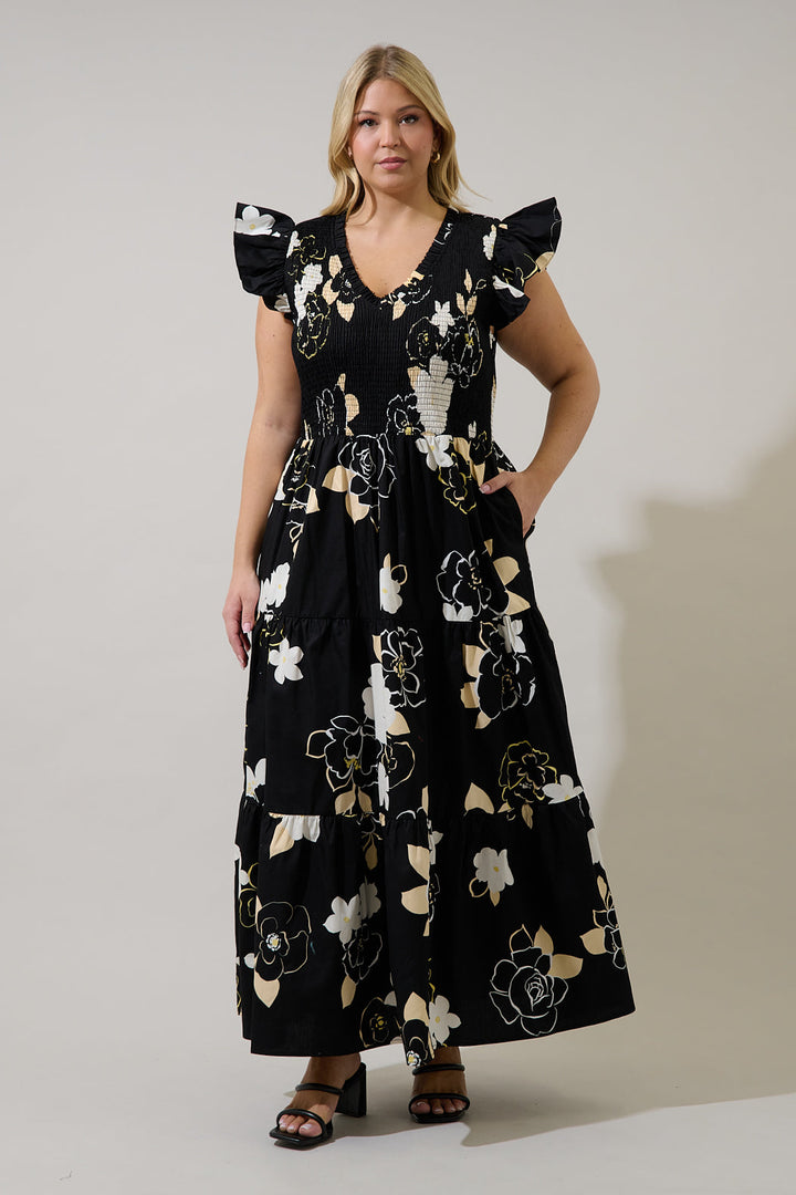 Cairan Rose Sunfire Smocked Bodice Tiered Midi Dress Curve