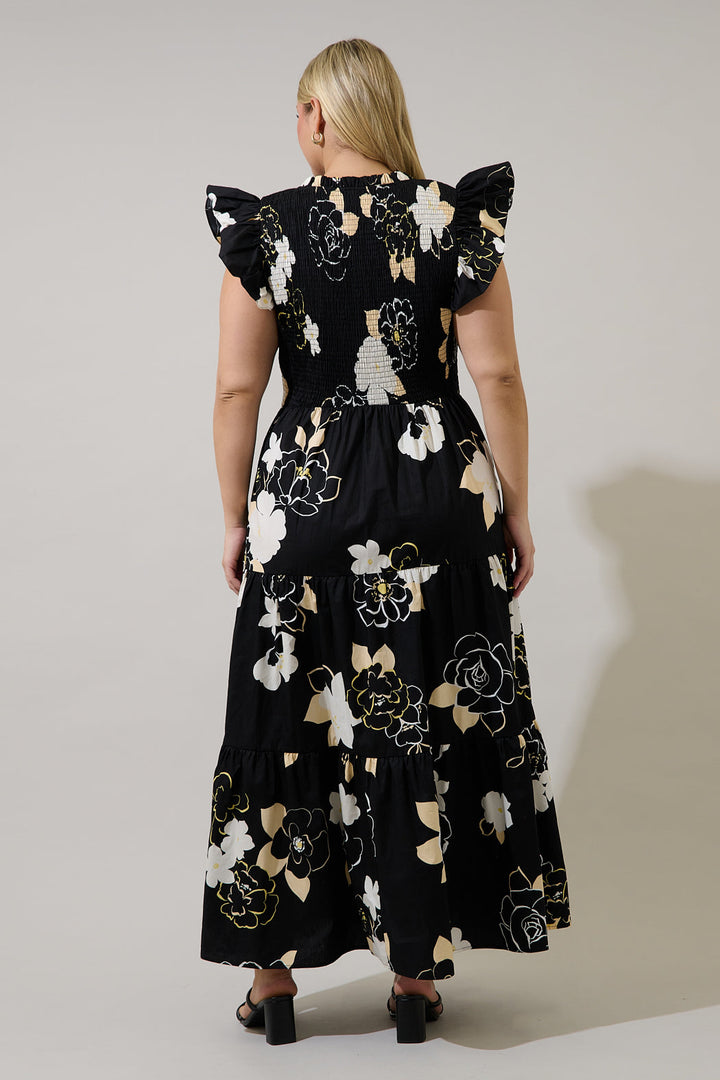 Cairan Rose Sunfire Smocked Bodice Tiered Midi Dress Curve