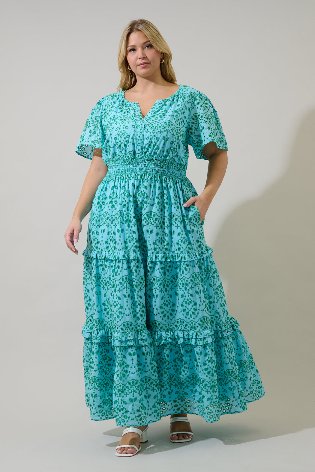 Viridiana Eyelet Palmer Tiered Maxi Dress Curve