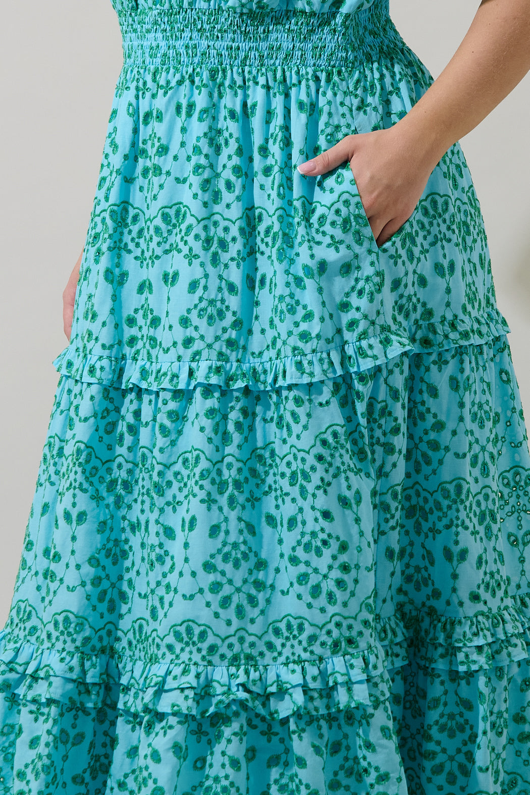 Viridiana Eyelet Palmer Tiered Maxi Dress Curve