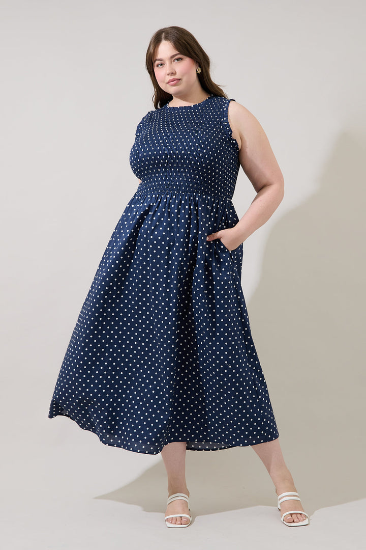 Ivany Polka Dot Cecil Smocked Midi Dress Curve
