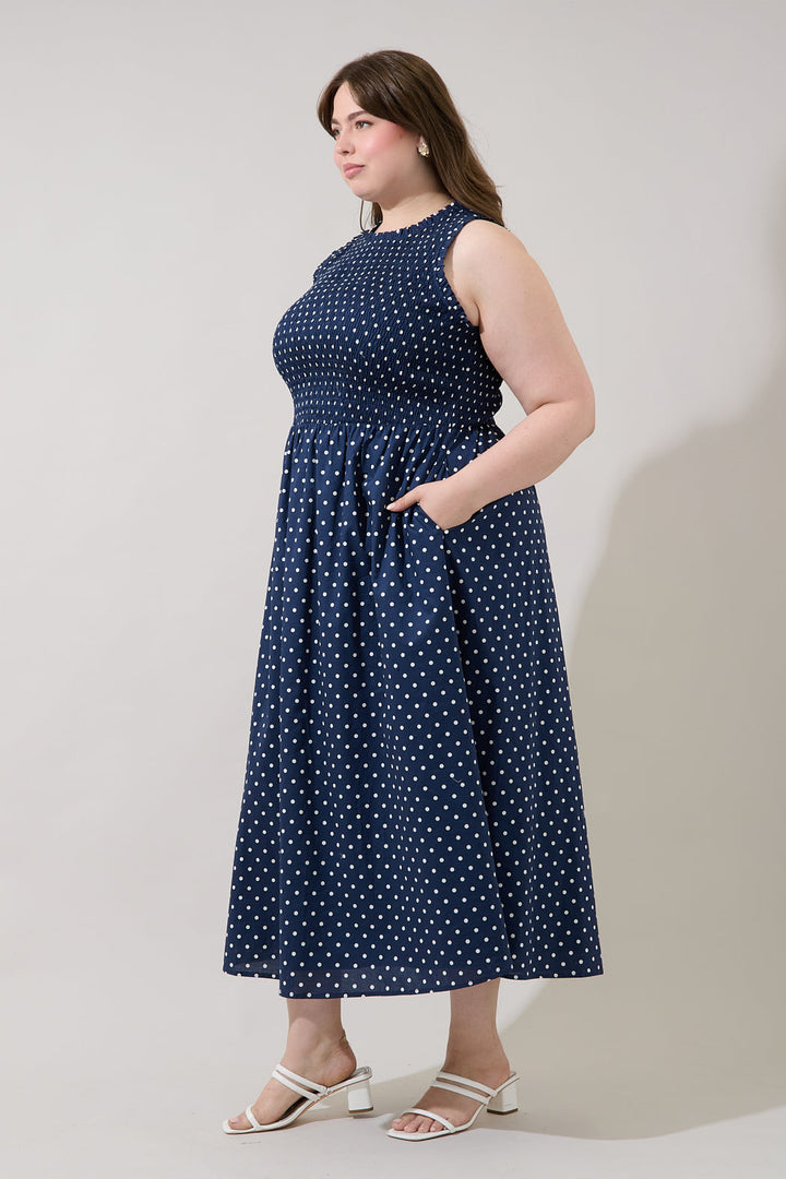 Ivany Polka Dot Cecil Smocked Midi Dress Curve