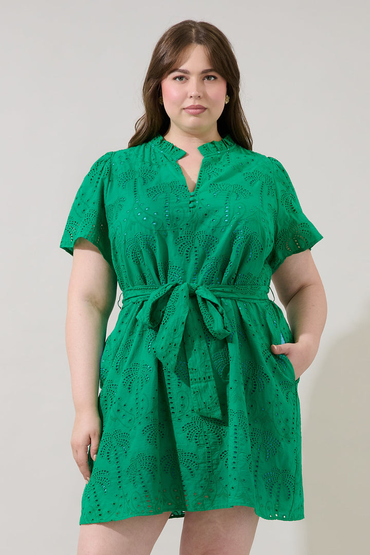 Ema Shift Mini Dress Palms Eyelet Curve