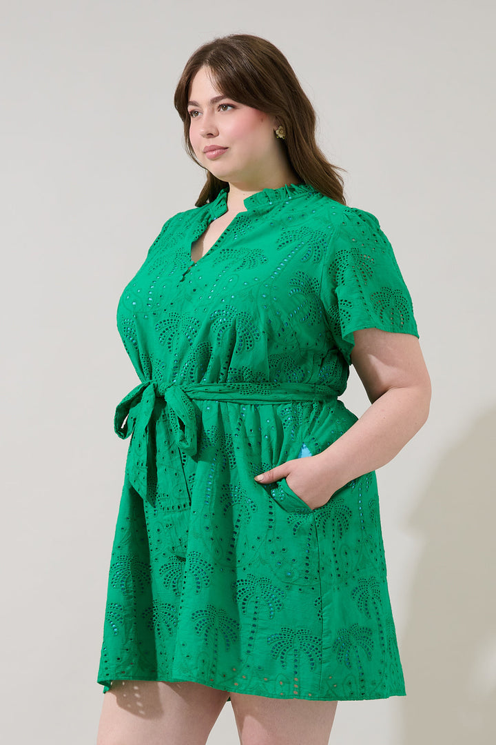 Ema Shift Mini Dress Palms Eyelet Curve