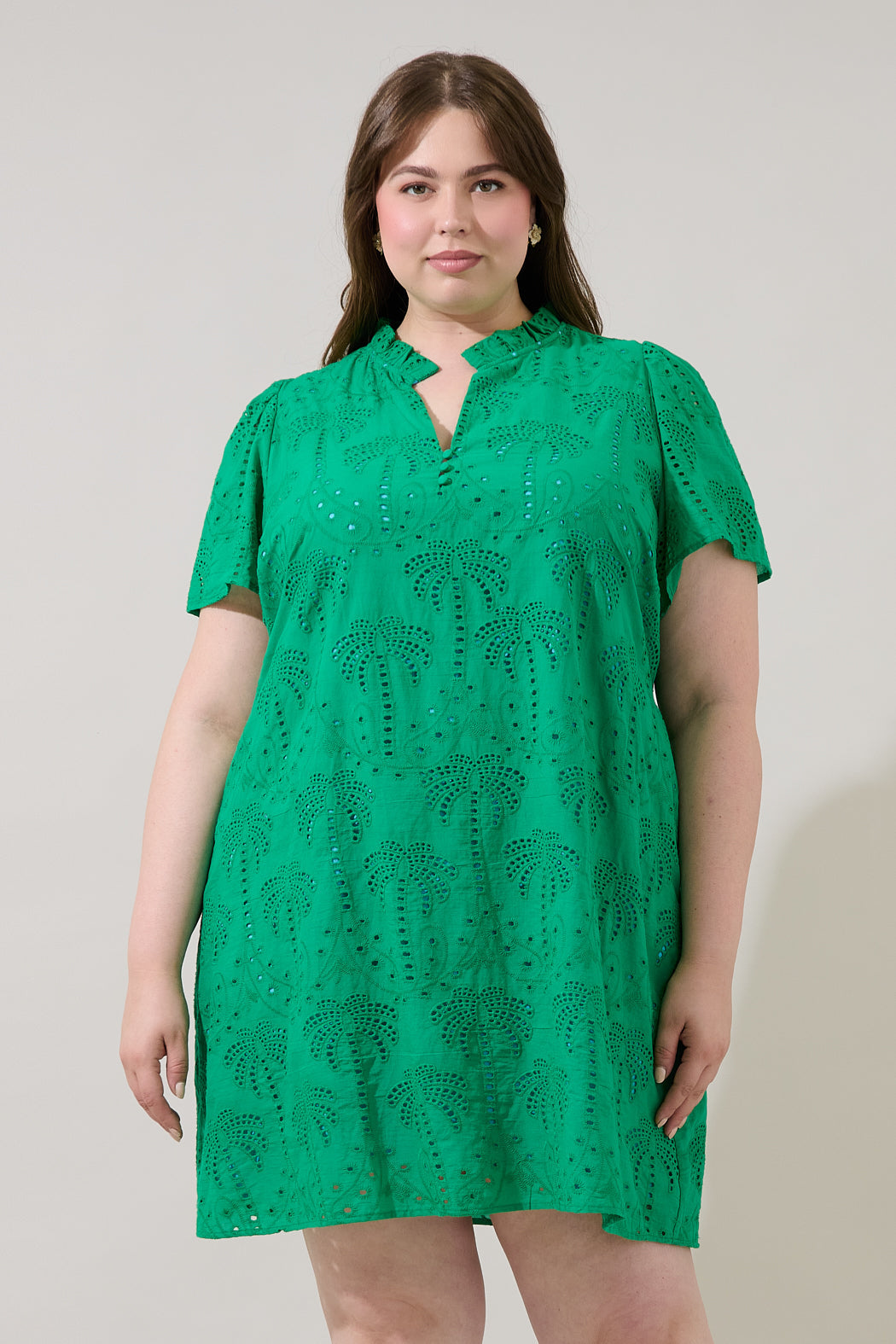 Ema Shift Mini Dress Palms Eyelet Curve