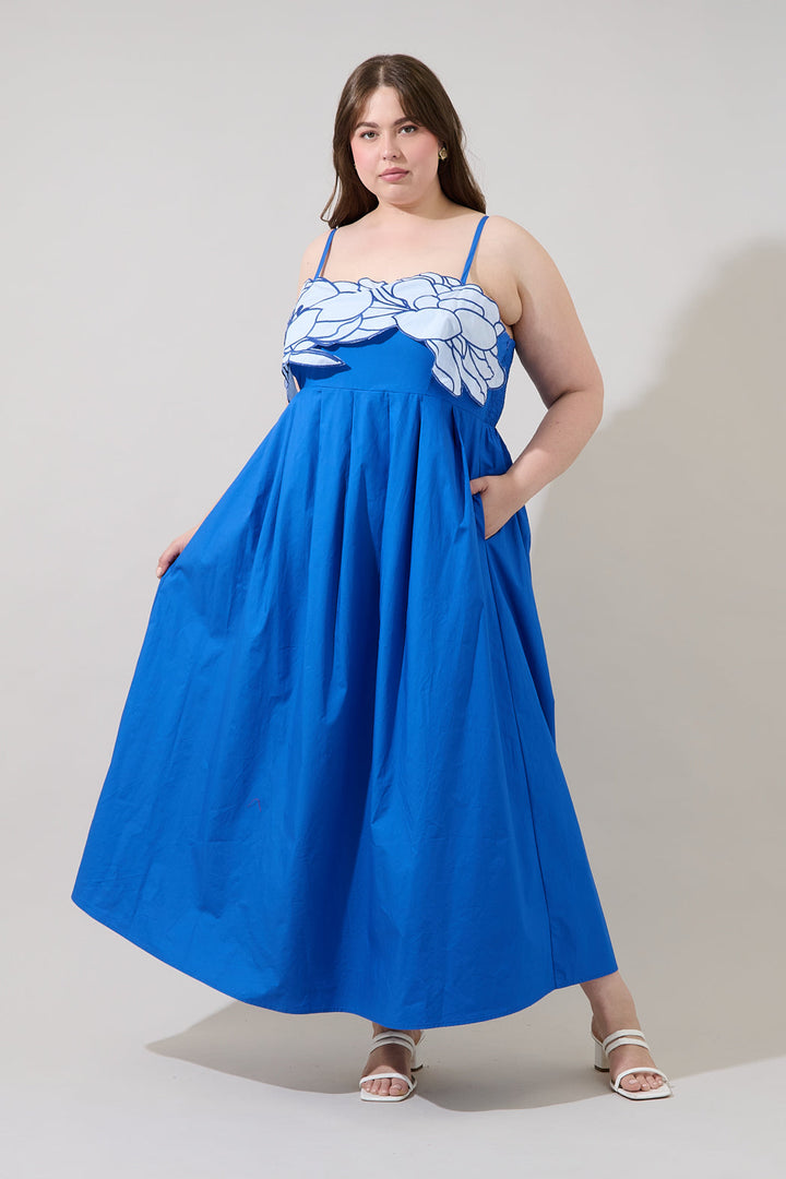 Kalani Floral Embroidery Pleated Maxi Dress Curve