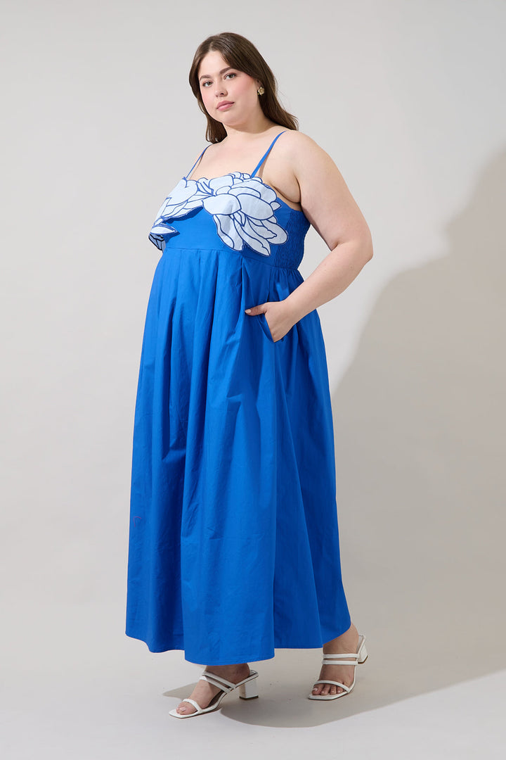Kalani Floral Embroidery Pleated Maxi Dress Curve
