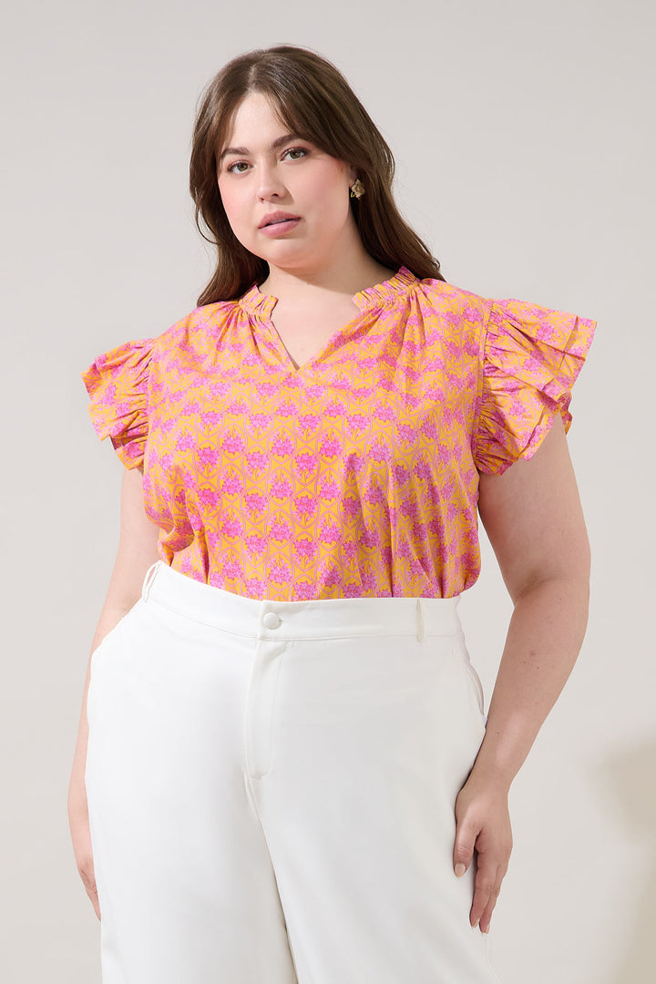 Risette Ruffle Split Neck Top Drift Floral Curve
