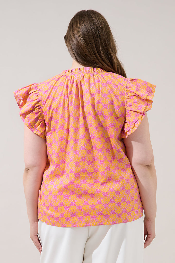 Risette Ruffle Split Neck Top Drift Floral Curve
