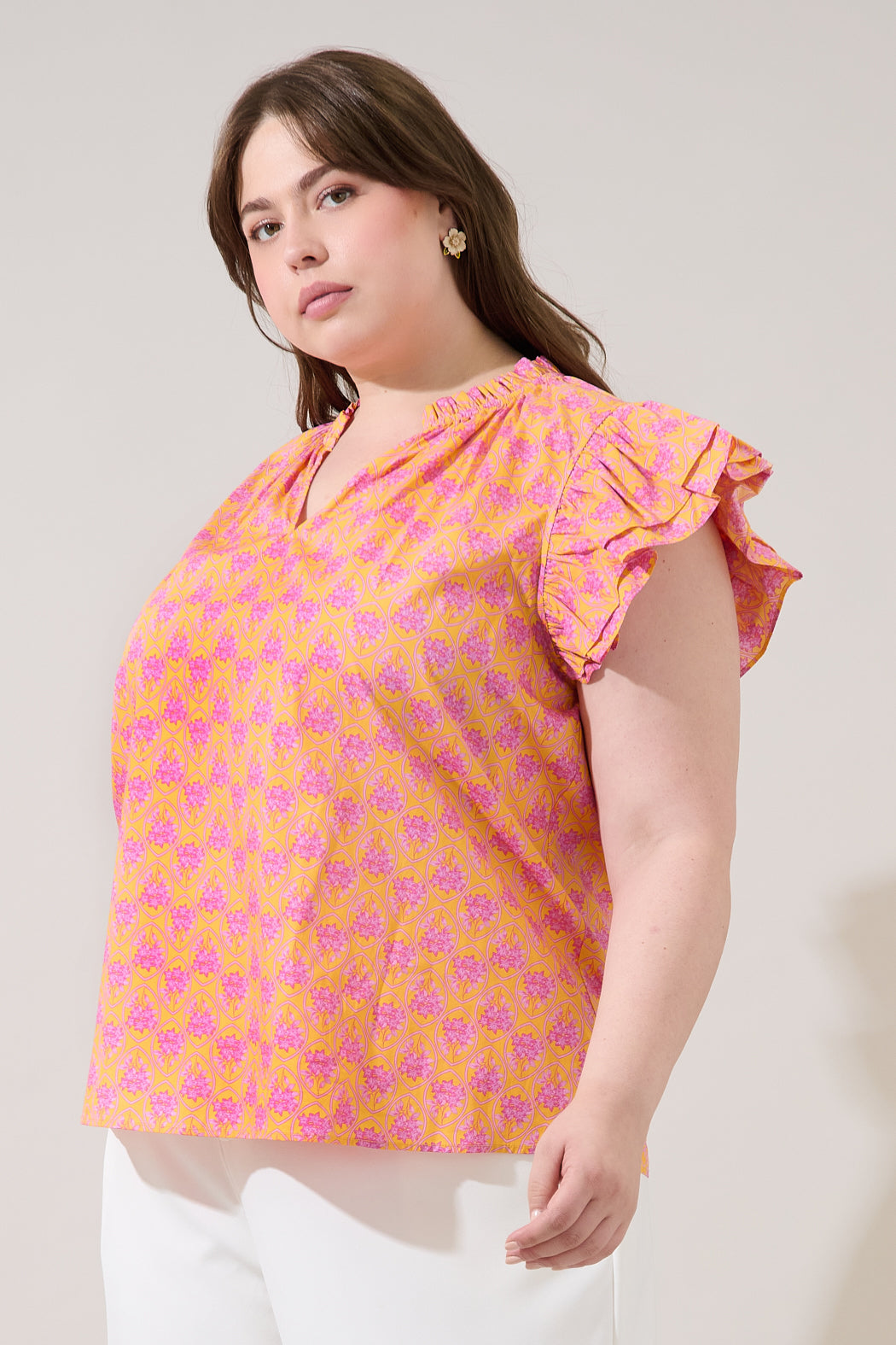 Risette Ruffle Split Neck Top Drift Floral Curve