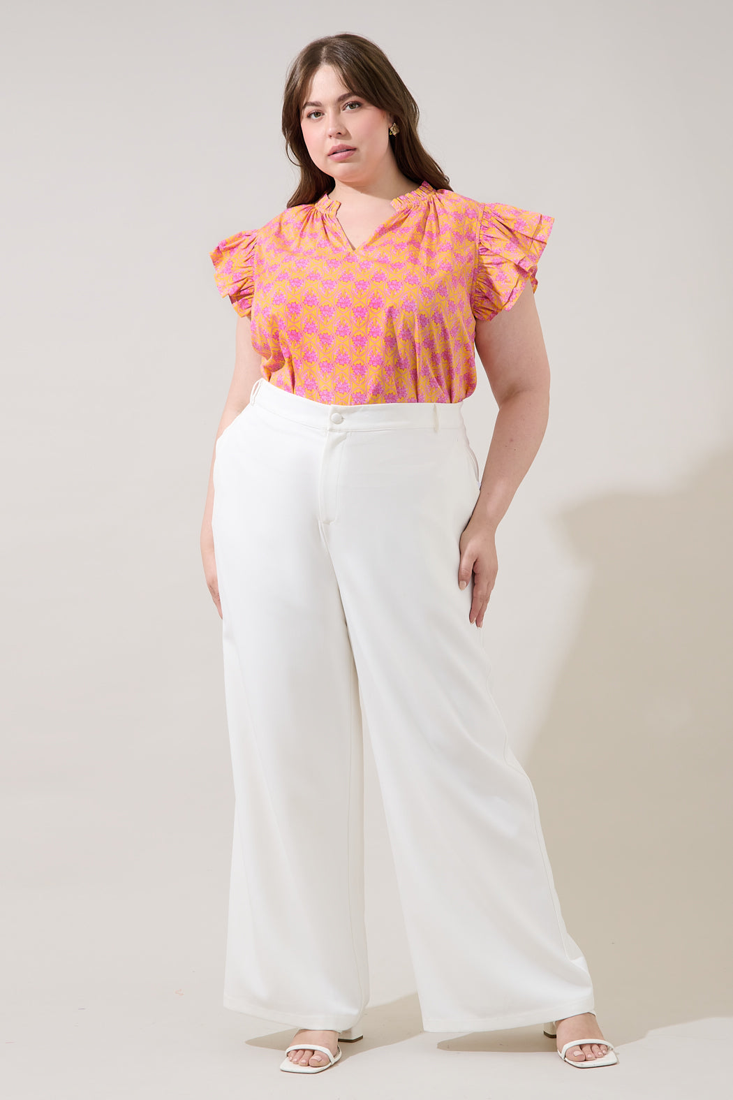 Risette Ruffle Split Neck Top Drift Floral Curve