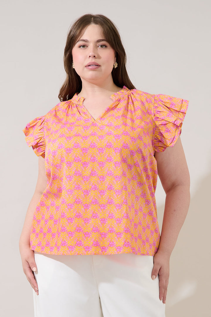 Risette Ruffle Split Neck Top Drift Floral Curve