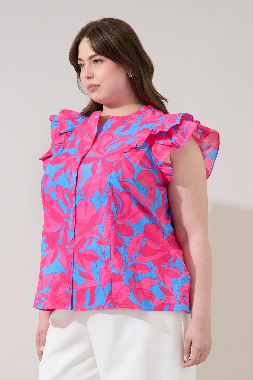 Sammi Button Down Ruffle Top Meira Floral Curve