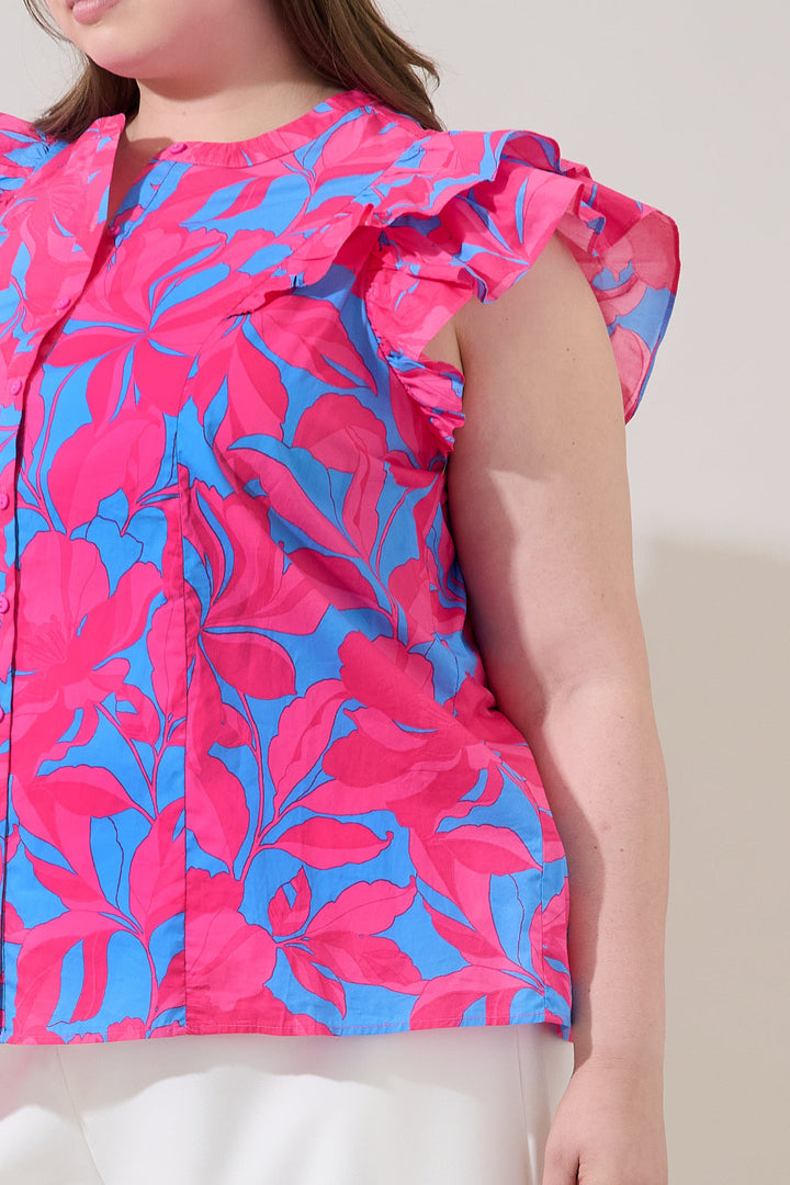 Sammi Button Down Ruffle Top Meira Floral Curve
