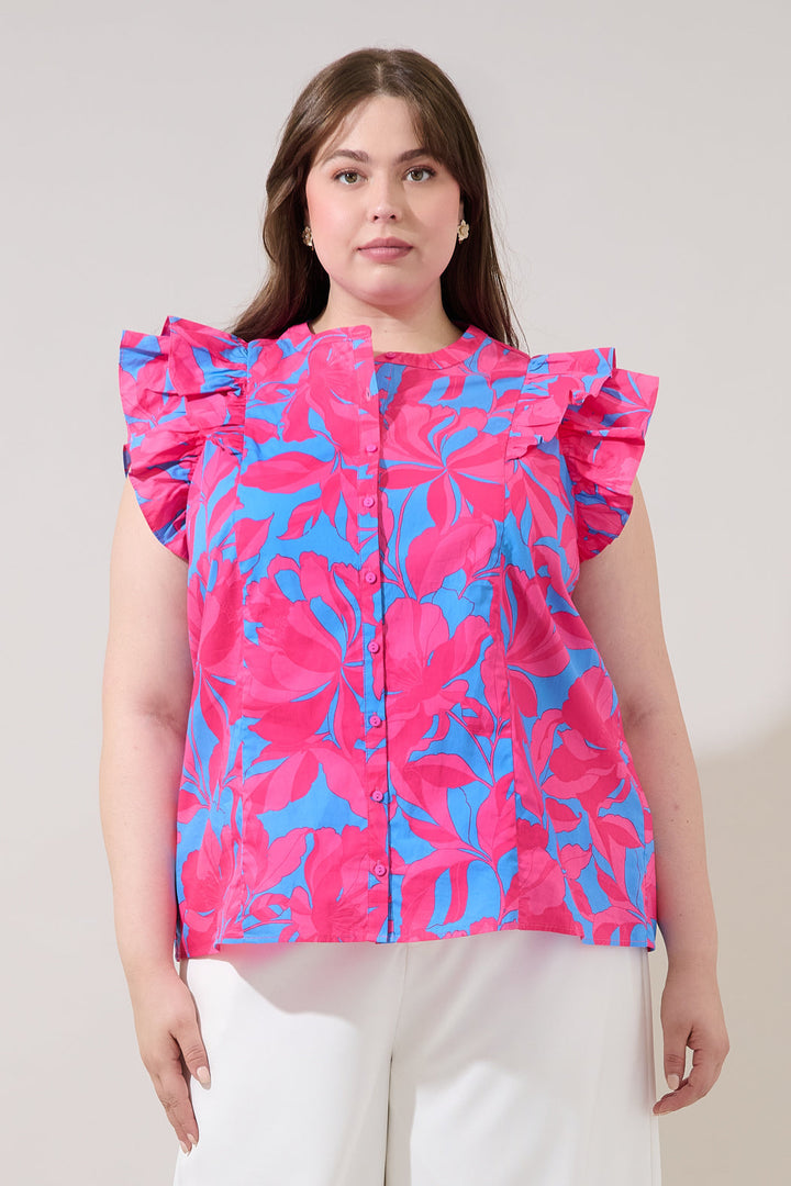 Sammi Button Down Ruffle Top Meira Floral Curve