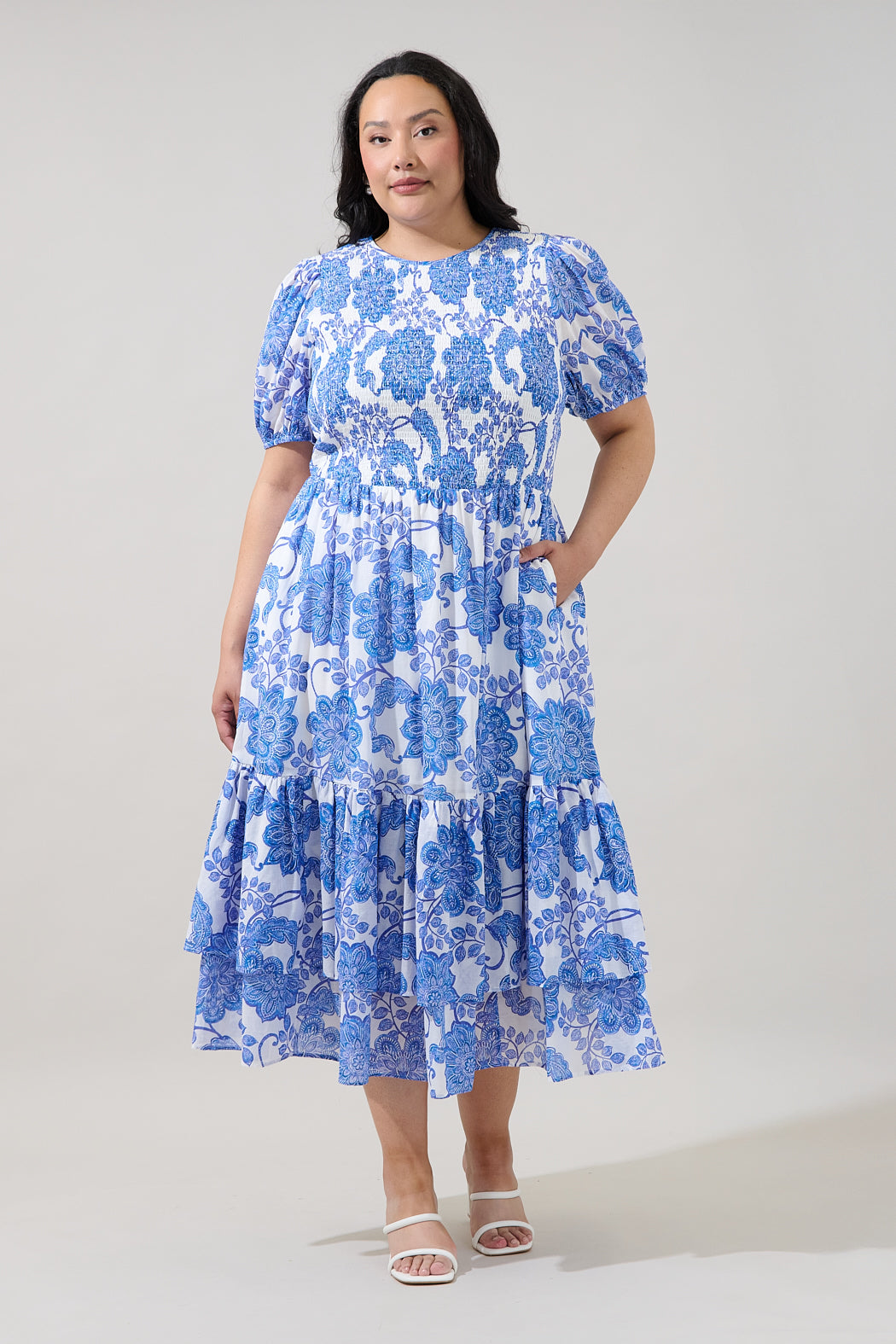 Aruba Smocked Midi Dress Floral Curve