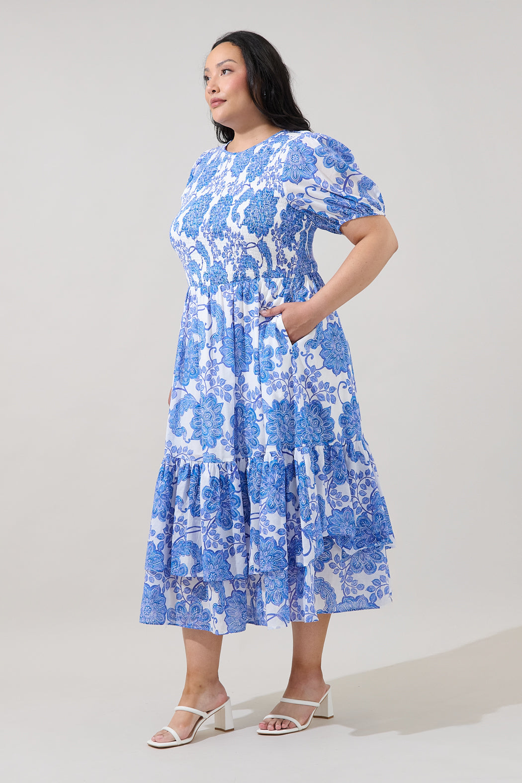 Aruba Smocked Midi Dress Floral Curve