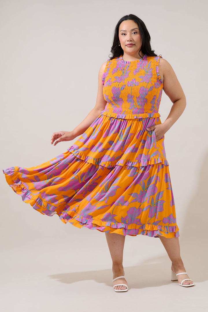 Kathia Smocked Midi Dress Floral Curve