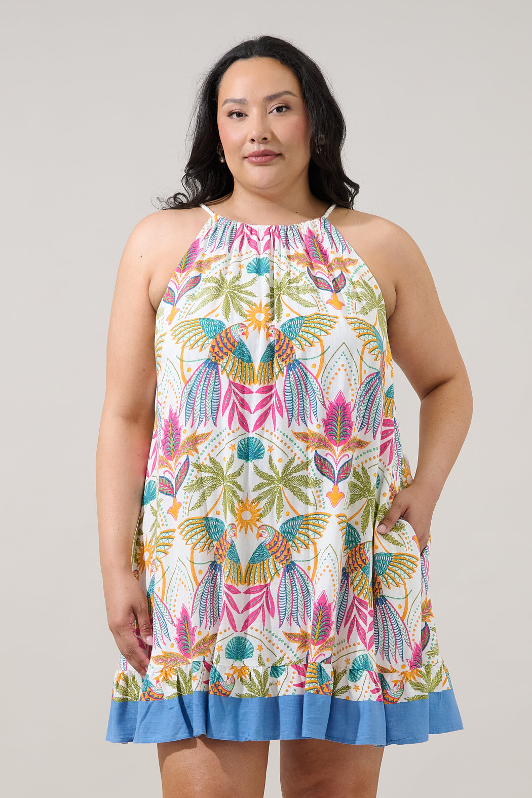 Malena Halter Ruffle Mini Dress Tropical Curve