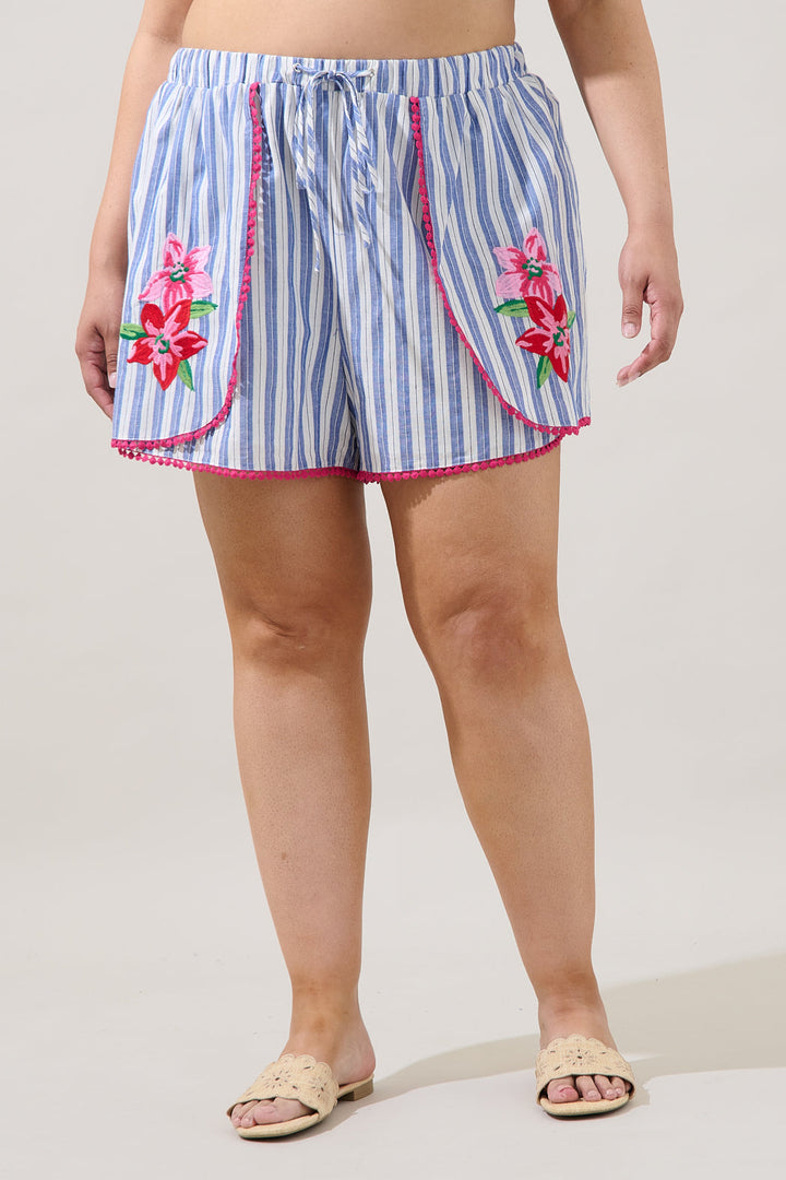 Grisa Striped Stretch Embroidery Shorts Curve