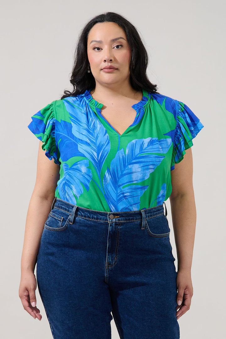 Risette Ruffle Split Neck Top Gresia Tropical Curve