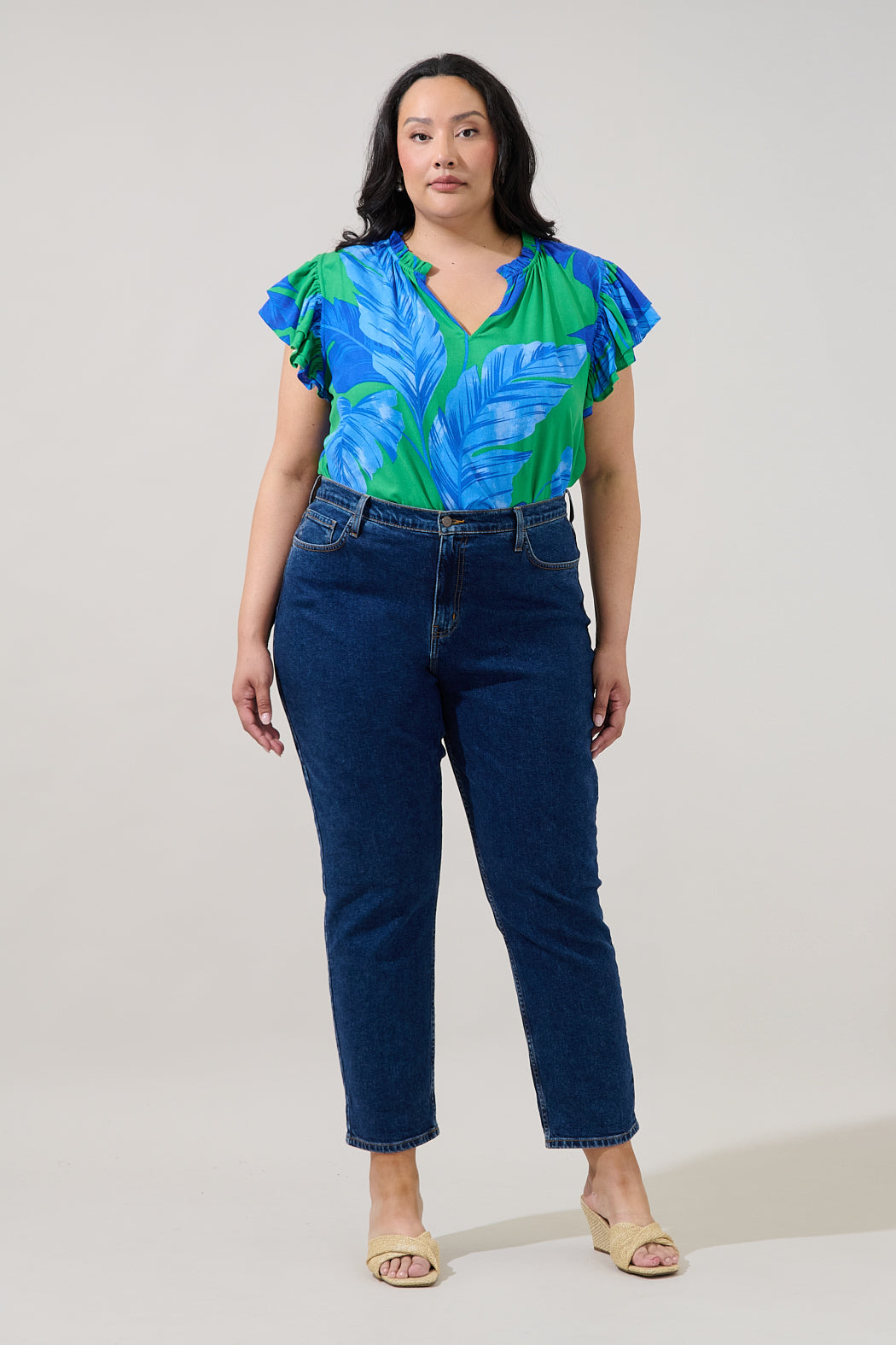 Risette Ruffle Split Neck Top Gresia Tropical Curve