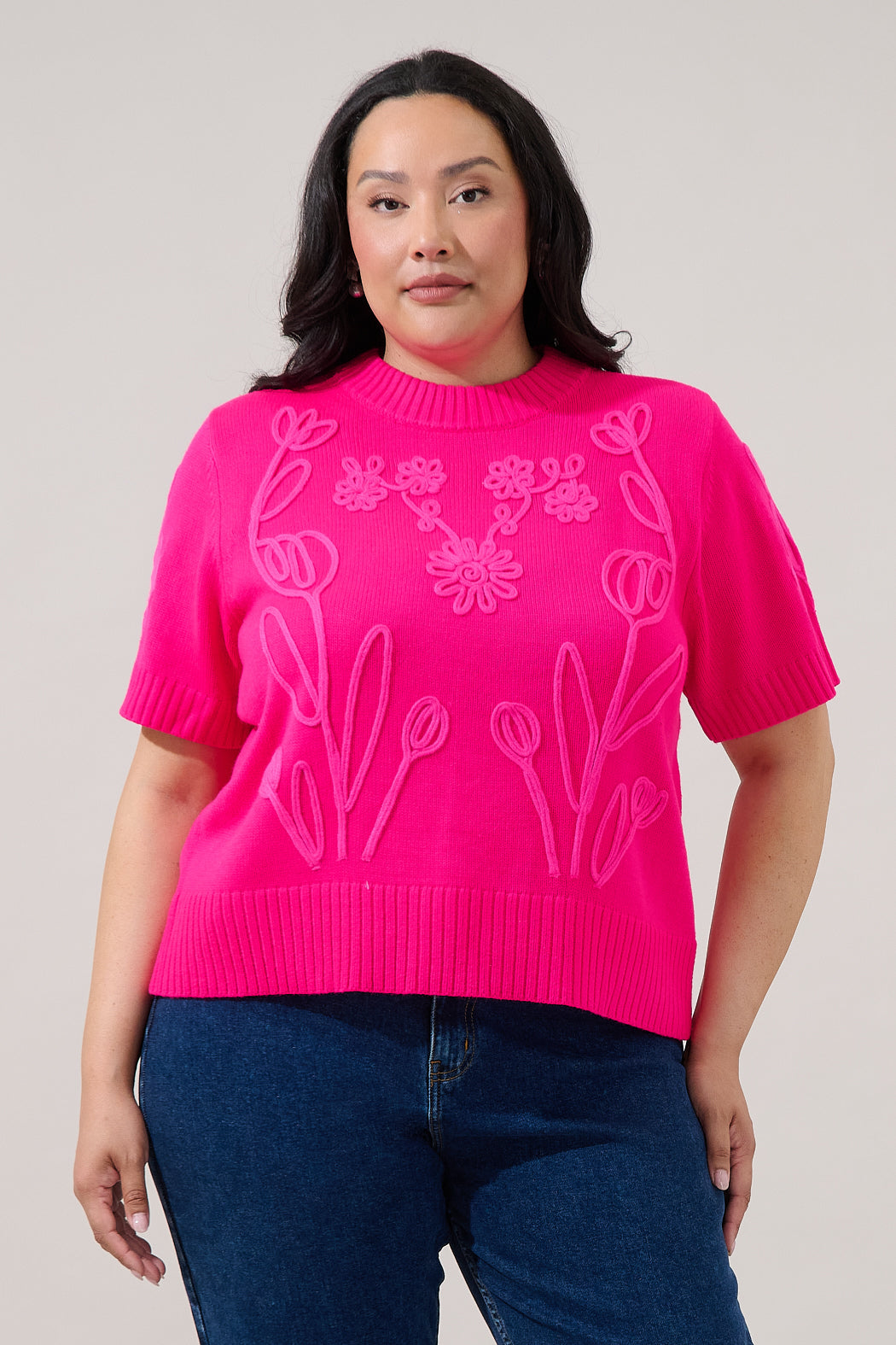Winsley Floral Embroidered Sweater Top Curve