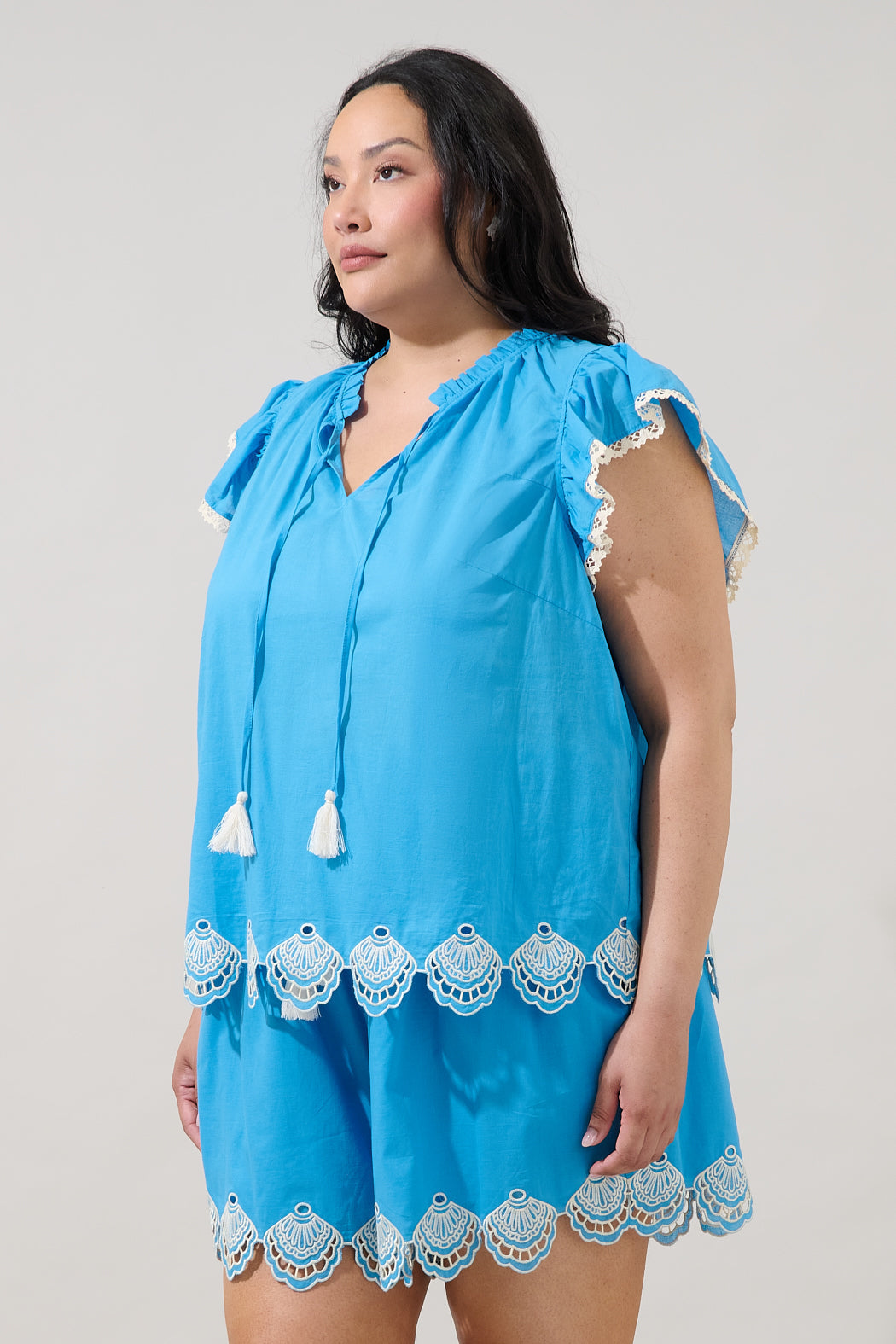 Regina Embroidered Ruffle Tassel Top Curve