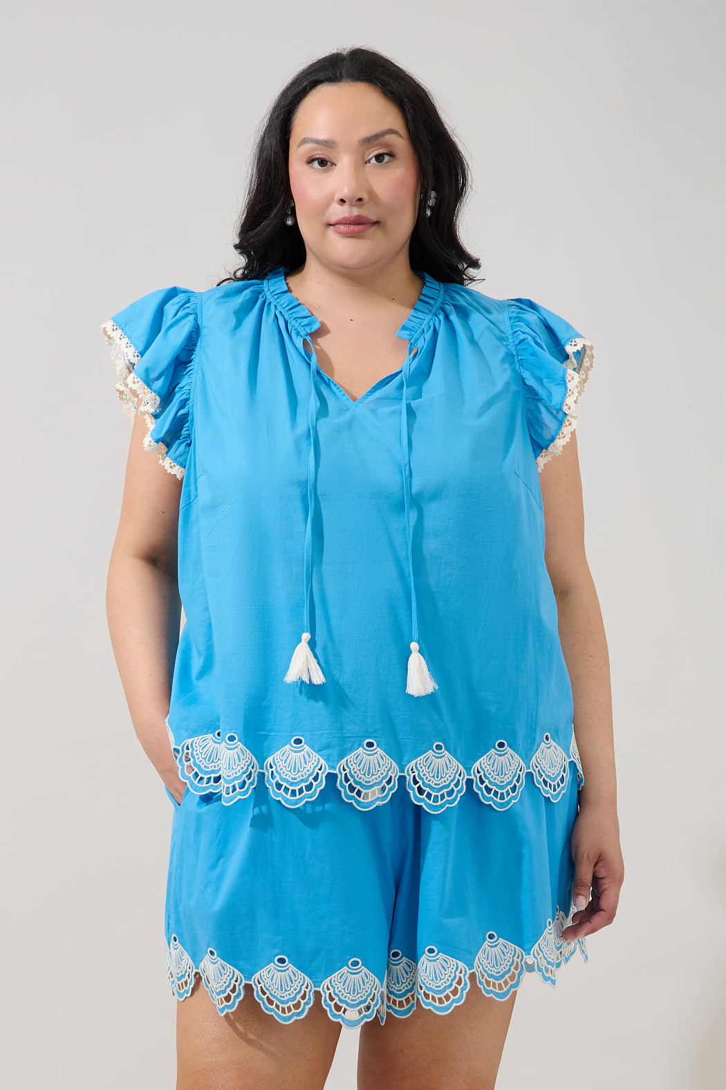 Regina Embroidered Ruffle Tassel Top Curve