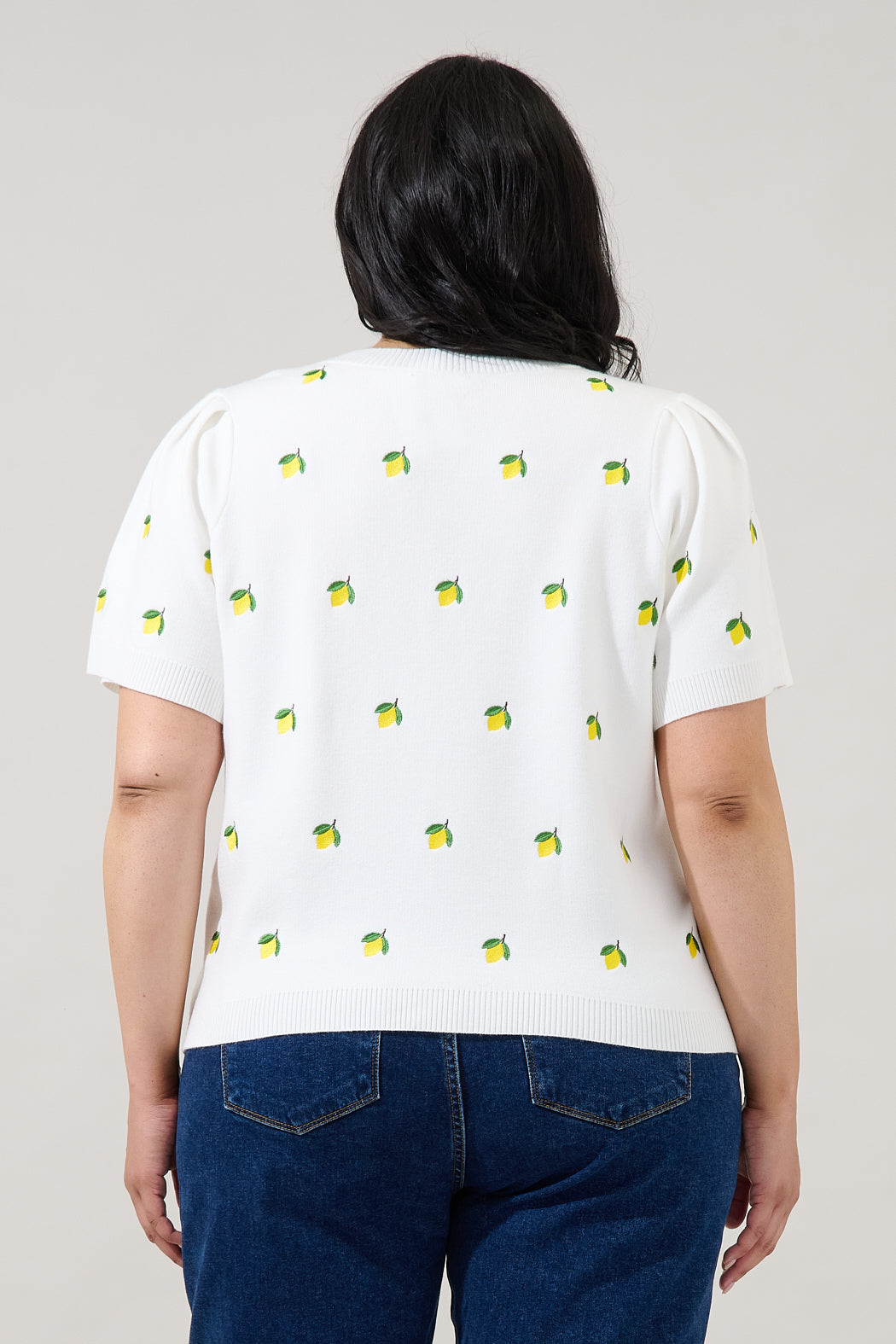 Lemon Embroidered Short Sleeve Sweater Curve