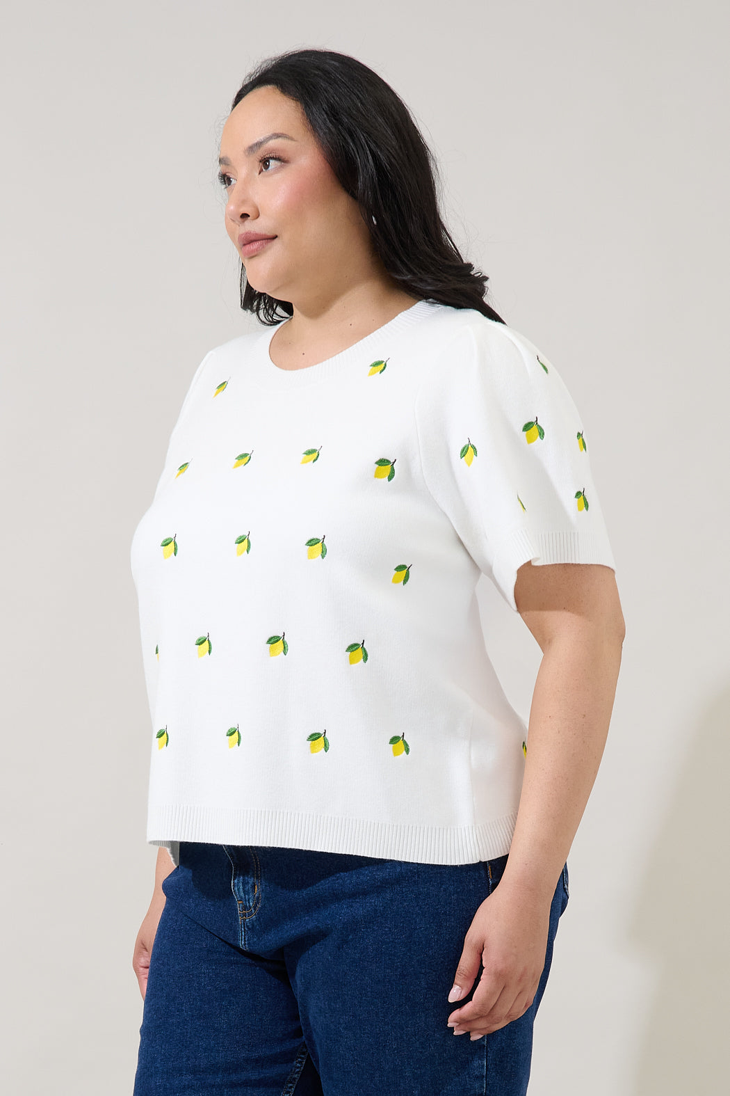 Lemon Embroidered Short Sleeve Sweater Curve
