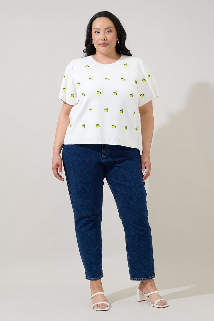Lemon Embroidered Short Sleeve Sweater Curve