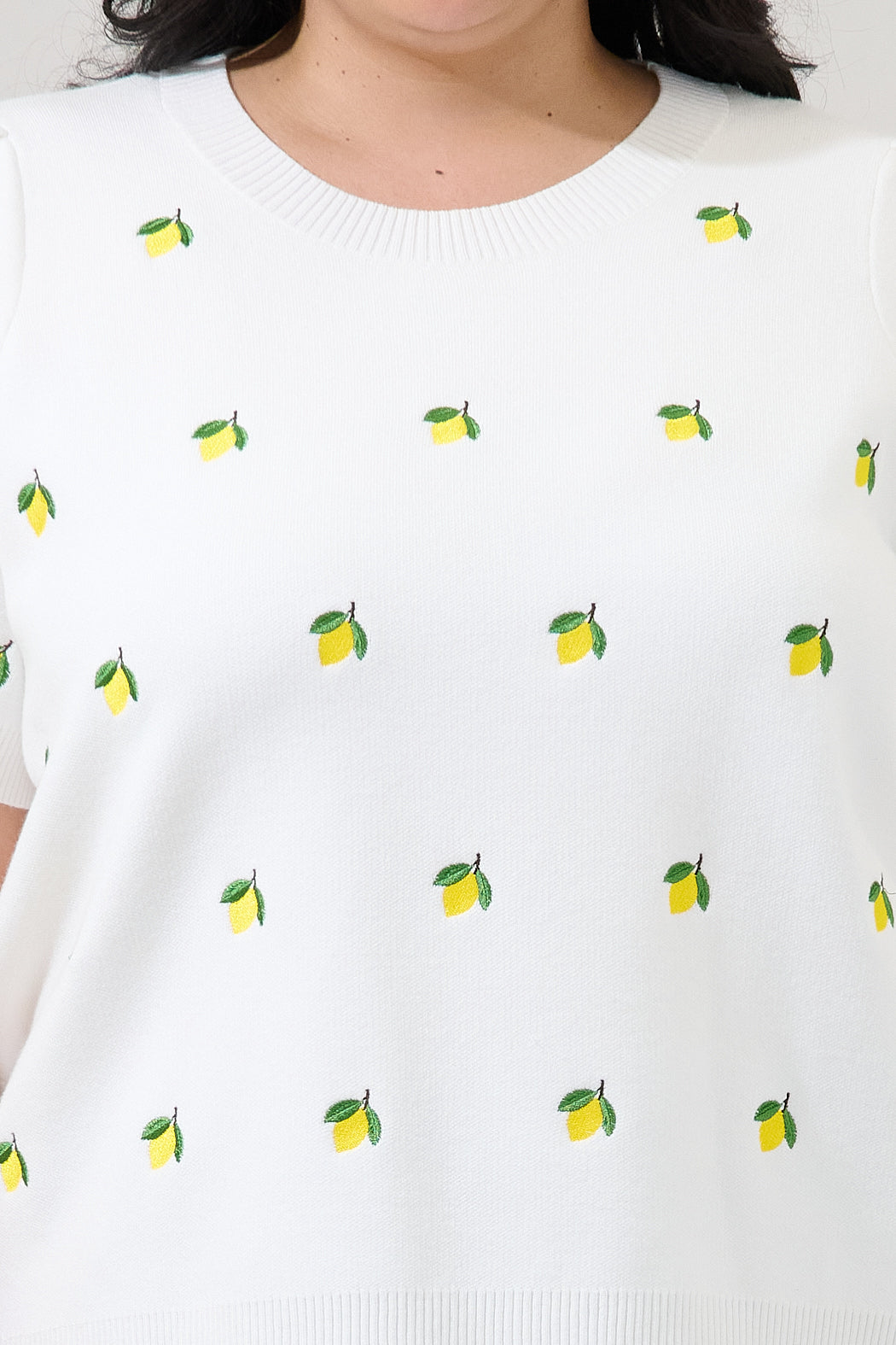 Lemon Embroidered Short Sleeve Sweater Curve