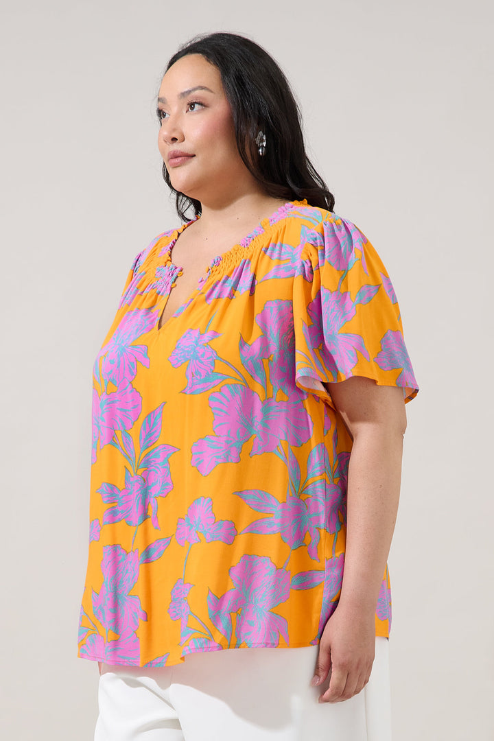 Regine Smocked Short Sleeve Top Floral Curve