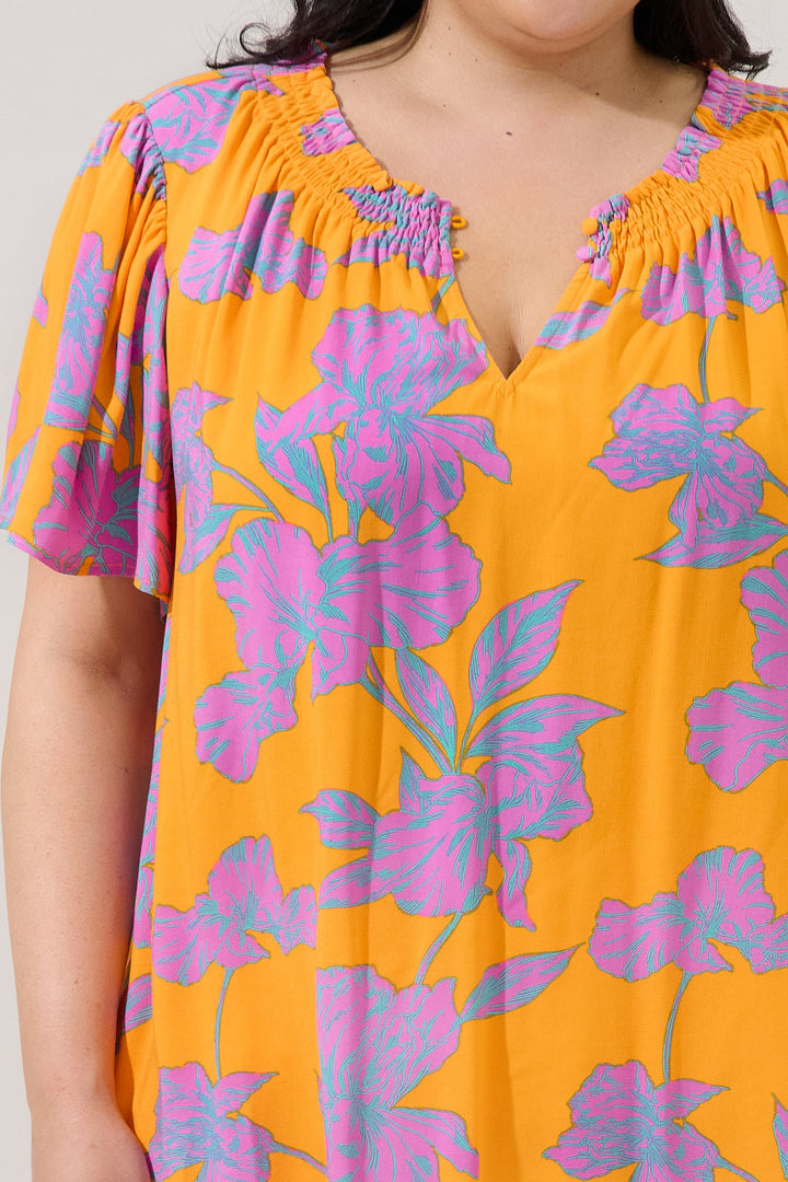 Regine Smocked Short Sleeve Top Floral Curve