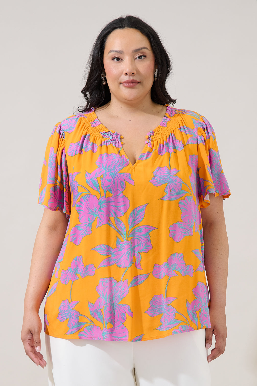 Regine Smocked Short Sleeve Top Floral Curve