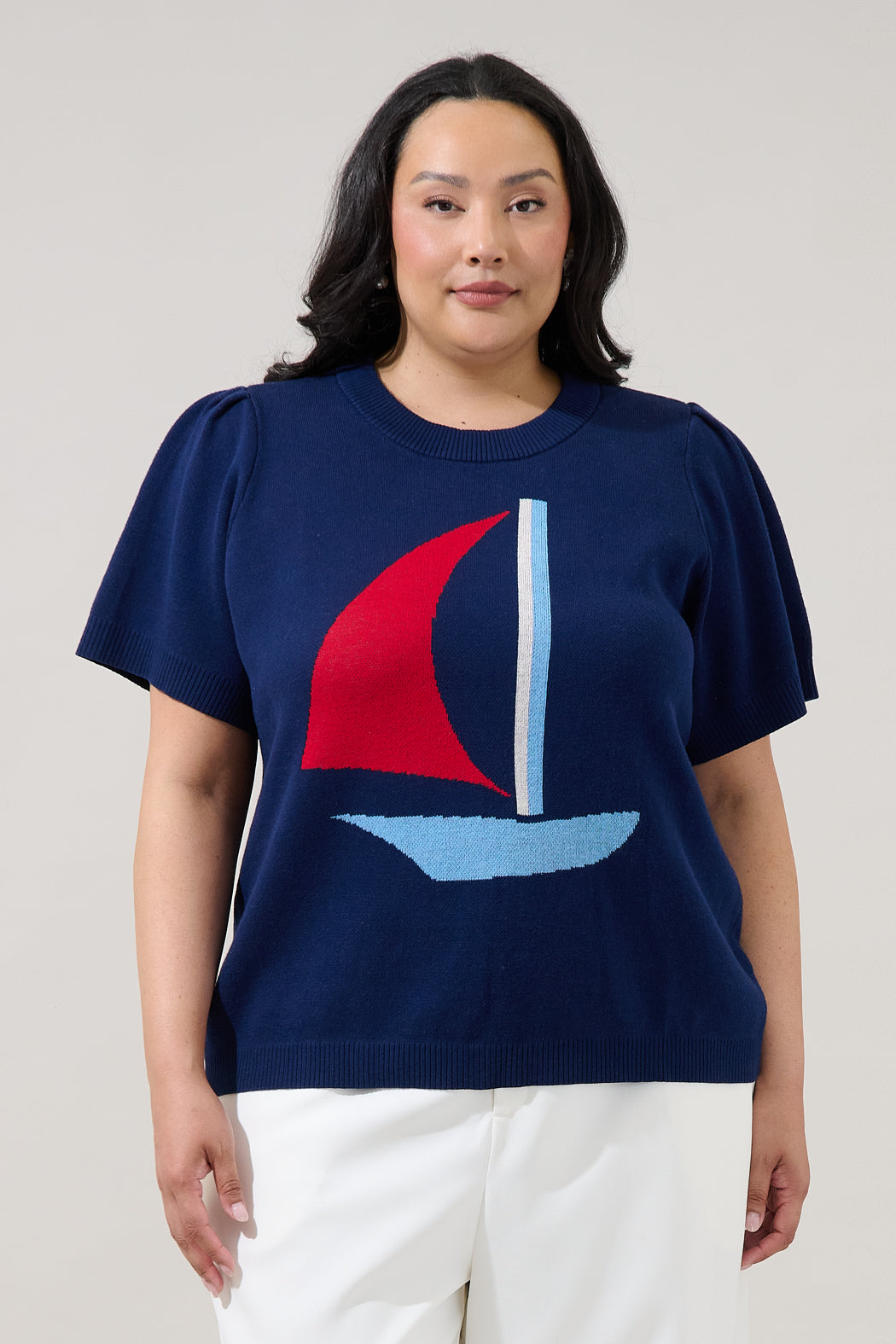 Sail Boat Short Sleeve Sweater Curve