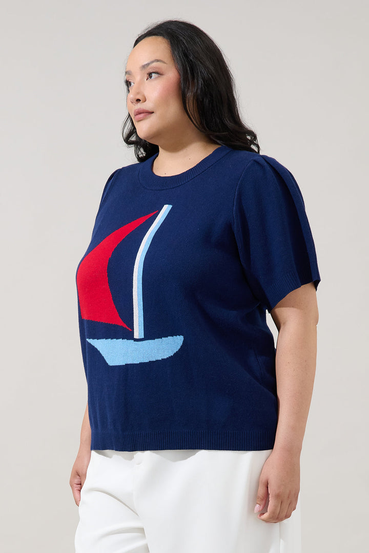 Sail Boat Short Sleeve Sweater Curve