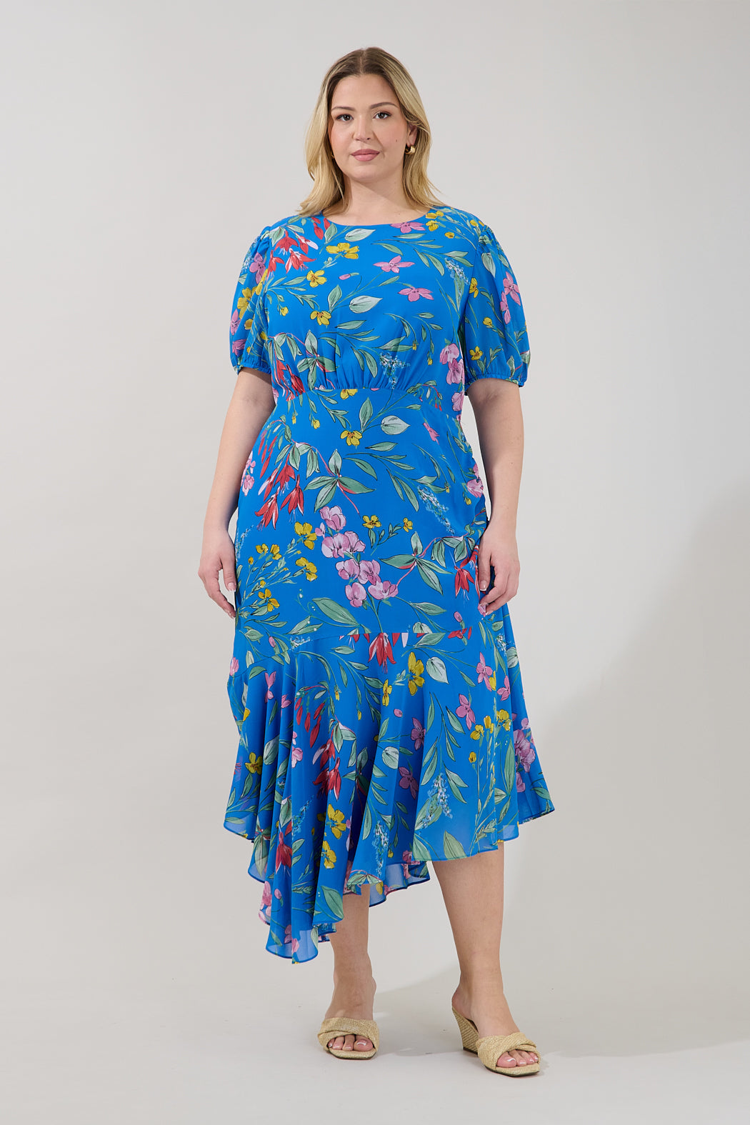 Fiona Floral Balboa Asymmetrical Midi Dress Curve