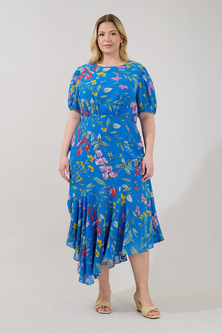 Fiona Floral Balboa Asymmetrical Midi Dress Curve