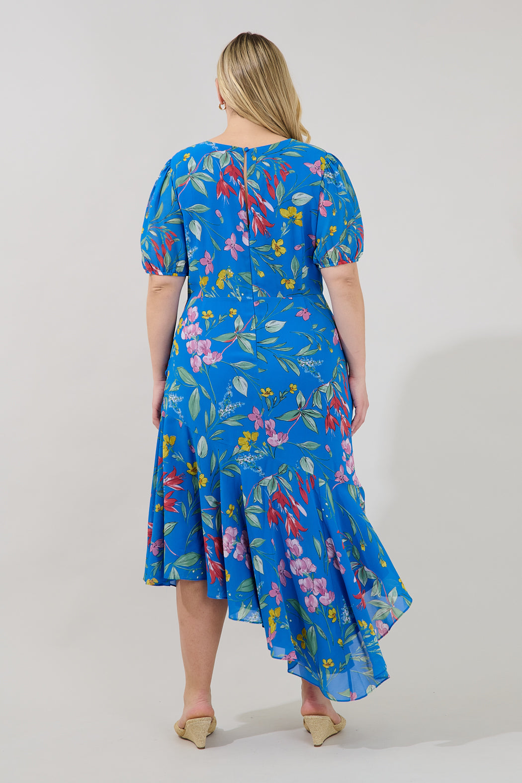 Fiona Floral Balboa Asymmetrical Midi Dress Curve