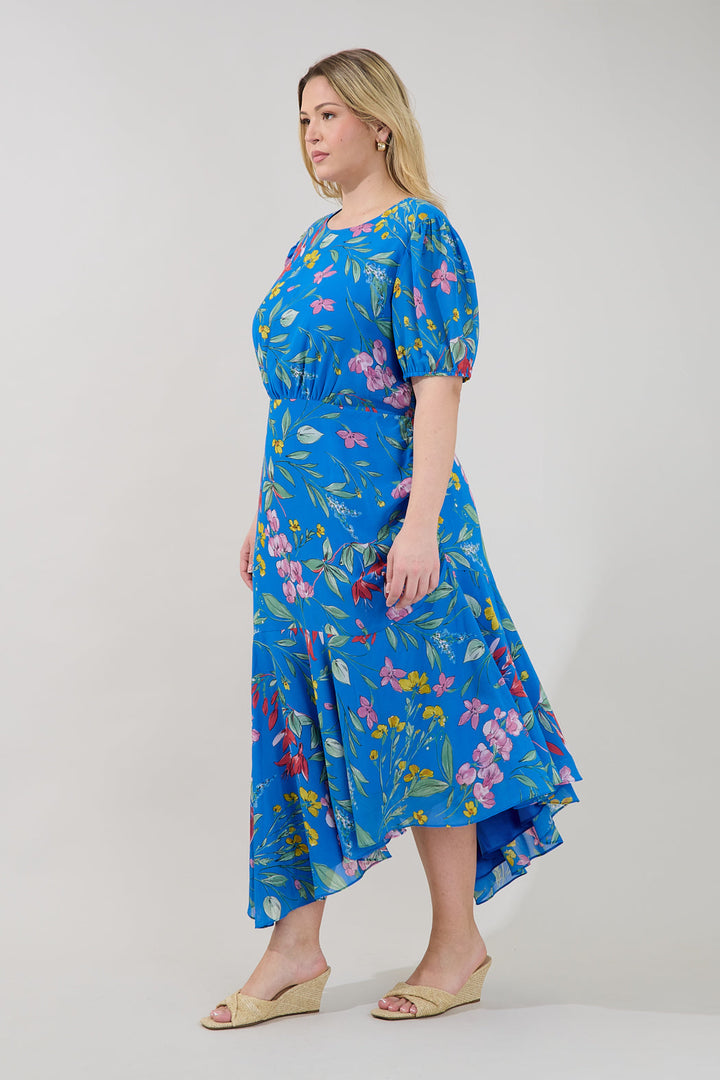 Fiona Floral Balboa Asymmetrical Midi Dress Curve