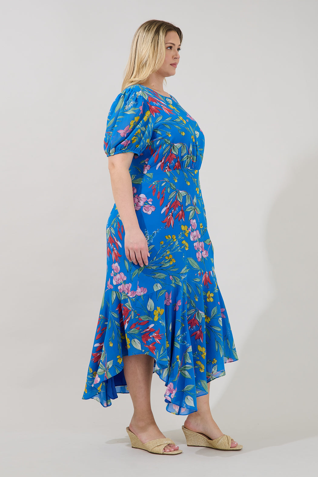 Fiona Floral Balboa Asymmetrical Midi Dress Curve