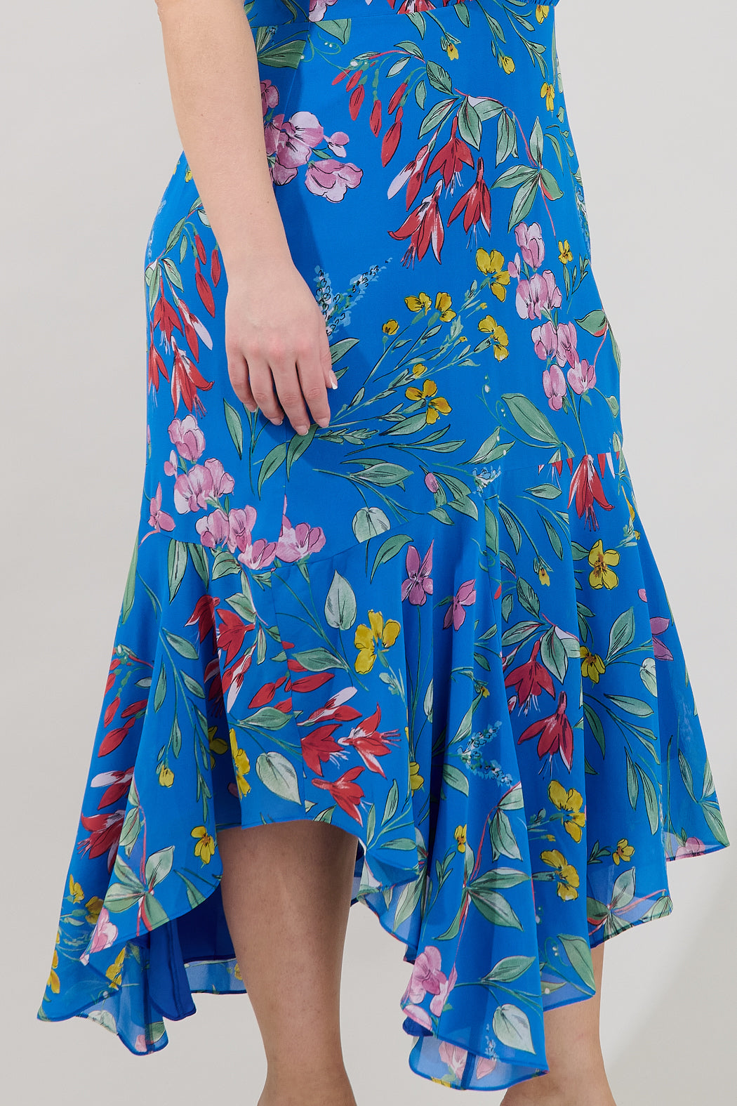 Fiona Floral Balboa Asymmetrical Midi Dress Curve