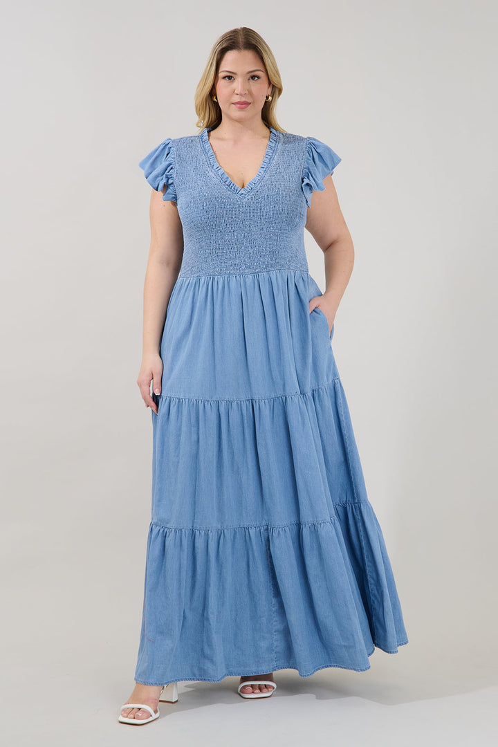 Cierra Denim Sunfire Smocked Bodice Tiered Midi Dress Curve