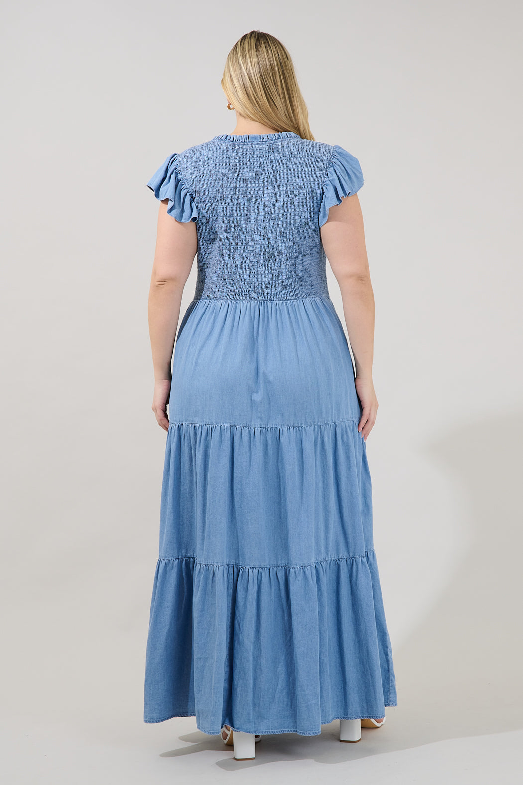 Cierra Denim Sunfire Smocked Bodice Tiered Midi Dress Curve