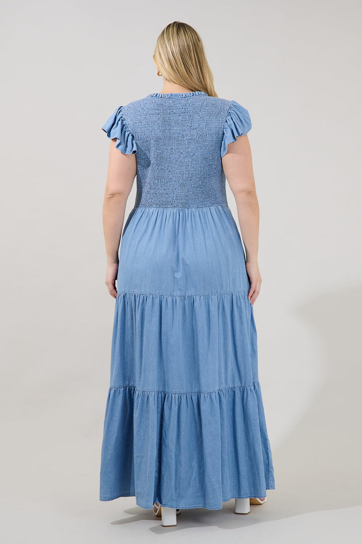 Cierra Denim Sunfire Smocked Bodice Tiered Midi Dress Curve