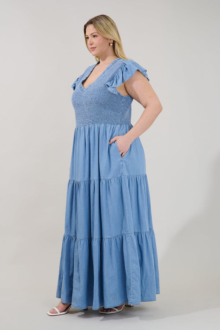 Cierra Denim Sunfire Smocked Bodice Tiered Midi Dress Curve